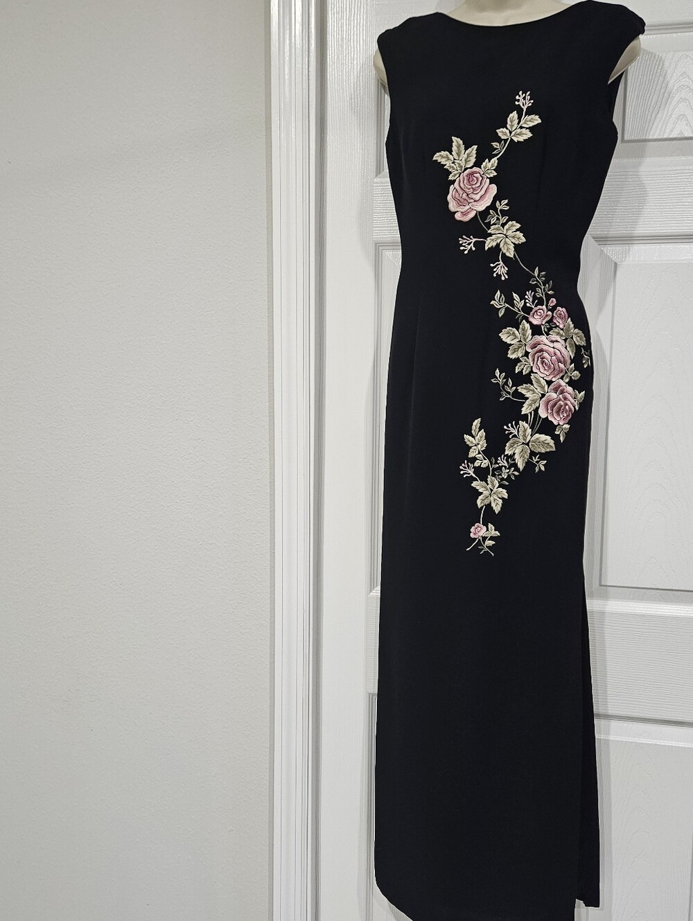 Maggy London Black Maxi Dress with Pink Rose Embroidery